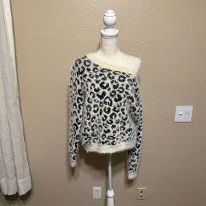 Mudd Off-Shoulder Leopard Print Sweater - Black and Cream